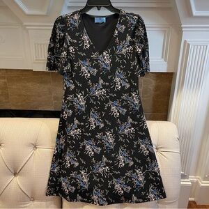 CeCe Ruffle Sleeve Dress Black Ditsy Floral Short Sleeve Stretch V-Neck Womens M